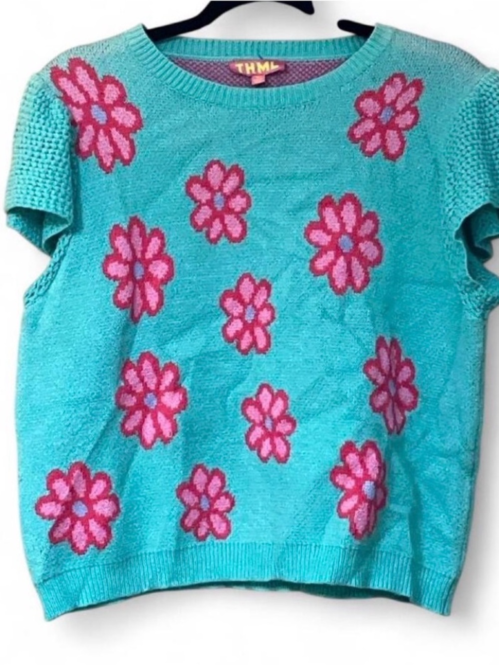 THML Aqua Short Sleeve Sweater with Pink Floral Motif